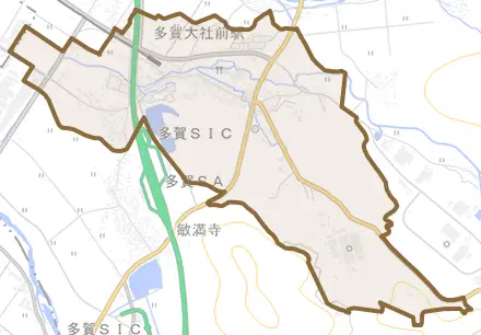 大字多賀とその周辺の地図。町の範囲を重ねている