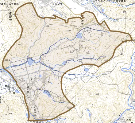 大字富之尾とその周辺の地図。町の範囲を重ねている