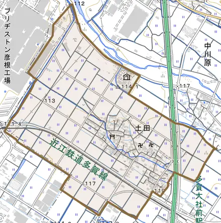 大字土田とその周辺の地図。町の範囲を重ねている
