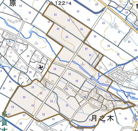 大字月之木とその周辺の地図。町の範囲を重ねている
