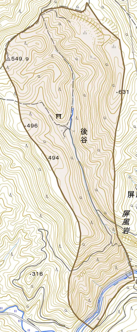 大字後谷とその周辺の地図。町の範囲を重ねている