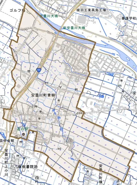 安曇川町青柳とその周辺の地図。町の範囲を重ねている