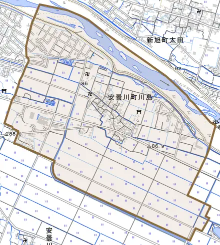 安曇川町川島とその周辺の地図。町の範囲を重ねている