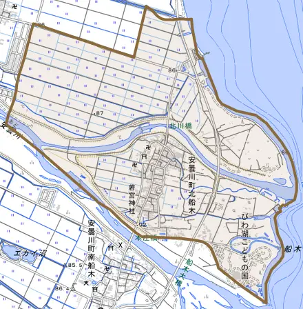 安曇川町北船木とその周辺の地図。町の範囲を重ねている