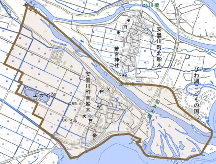 安曇川町南船木とその周辺の地図。町の範囲を重ねている