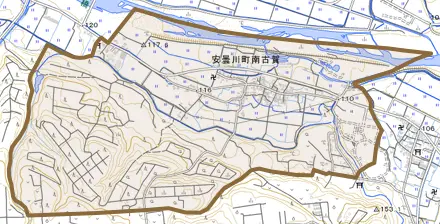 安曇川町南古賀とその周辺の地図。町の範囲を重ねている