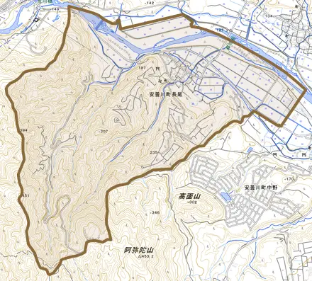 安曇川町長尾とその周辺の地図。町の範囲を重ねている