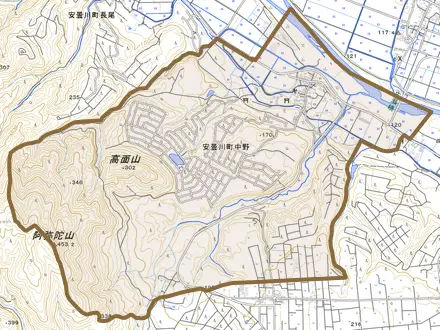 安曇川町中野とその周辺の地図。町の範囲を重ねている