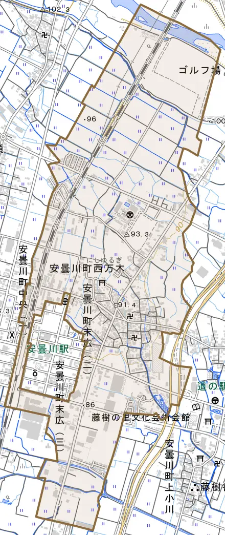 安曇川町西万木とその周辺の地図。町の範囲を重ねている