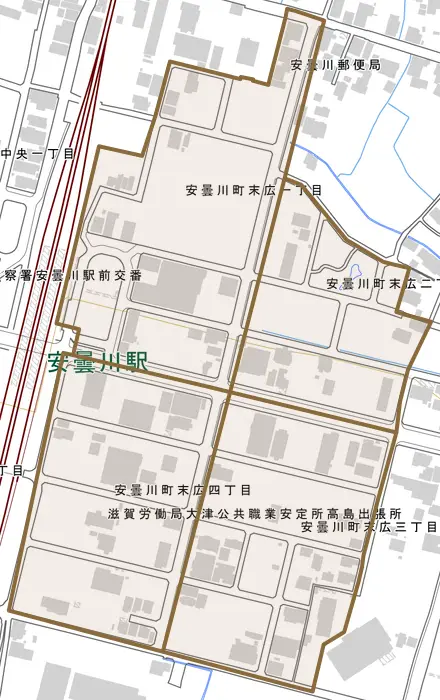 安曇川町末広とその周辺の地図。町の範囲を重ねている