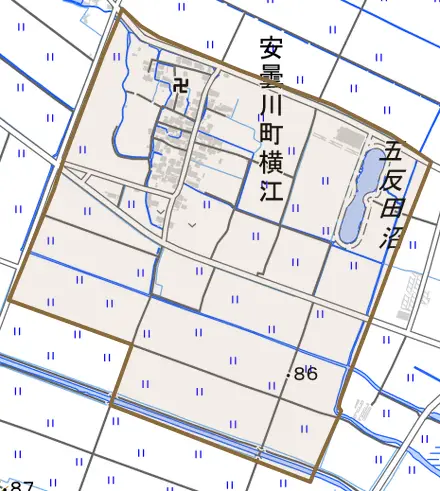 安曇川町横江とその周辺の地図。町の範囲を重ねている