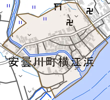 安曇川町横江浜とその周辺の地図。町の範囲を重ねている