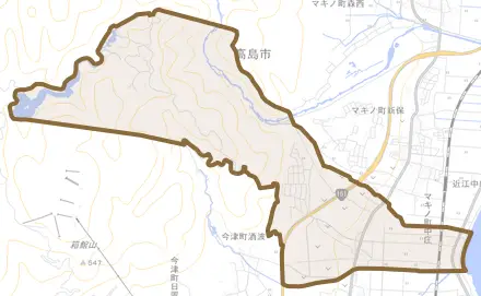 今津町深清水とその周辺の地図。町の範囲を重ねている