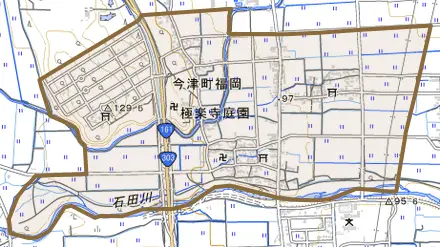 今津町福岡とその周辺の地図。町の範囲を重ねている