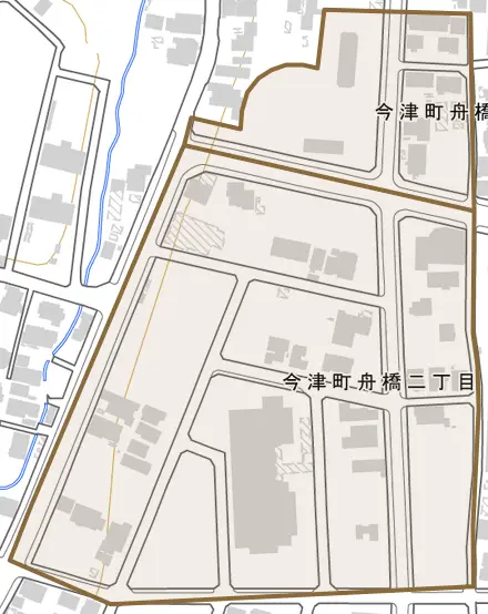 今津町舟橋とその周辺の地図。町の範囲を重ねている