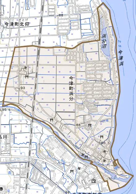 今津町浜分とその周辺の地図。町の範囲を重ねている