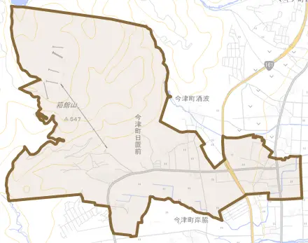 今津町日置前とその周辺の地図。町の範囲を重ねている
