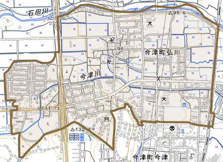 今津町弘川とその周辺の地図。町の範囲を重ねている