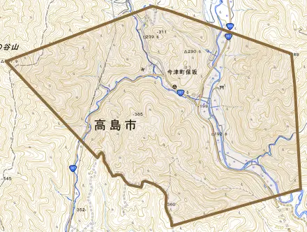 今津町保坂とその周辺の地図。町の範囲を重ねている