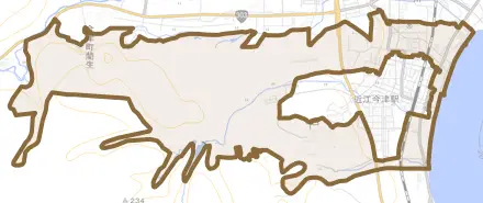 今津町今津とその周辺の地図。町の範囲を重ねている