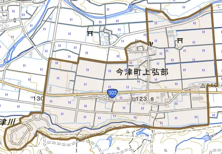 今津町上弘部とその周辺の地図。町の範囲を重ねている