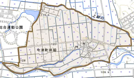 今津町岸脇とその周辺の地図。町の範囲を重ねている