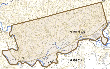 今津町北生見とその周辺の地図。町の範囲を重ねている