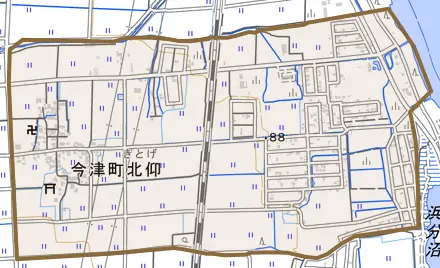 今津町北仰とその周辺の地図。町の範囲を重ねている