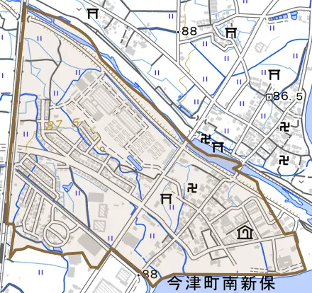 今津町南新保とその周辺の地図。町の範囲を重ねている