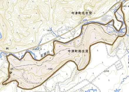 今津町南生見とその周辺の地図。町の範囲を重ねている