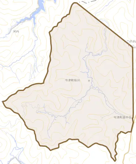 今津町椋川とその周辺の地図。町の範囲を重ねている