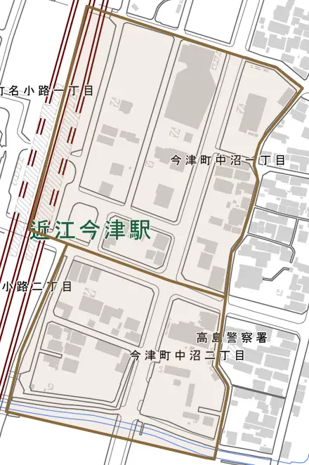今津町中沼とその周辺の地図。町の範囲を重ねている