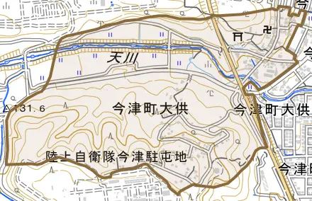 今津町大供とその周辺の地図。町の範囲を重ねている