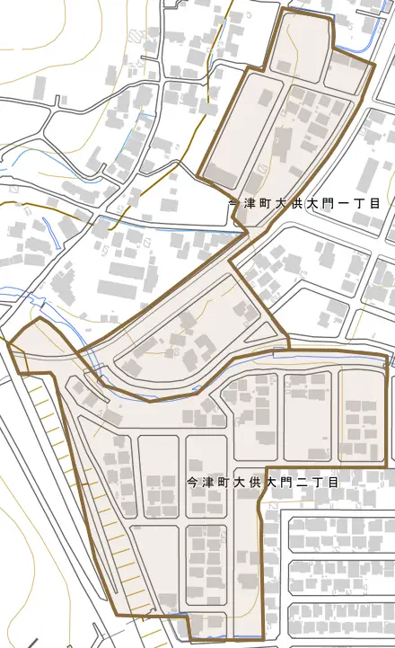 今津町大供大門とその周辺の地図。町の範囲を重ねている