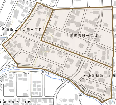 今津町桜町とその周辺の地図。町の範囲を重ねている