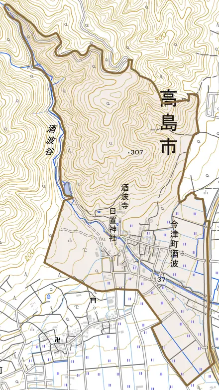 今津町酒波とその周辺の地図。町の範囲を重ねている