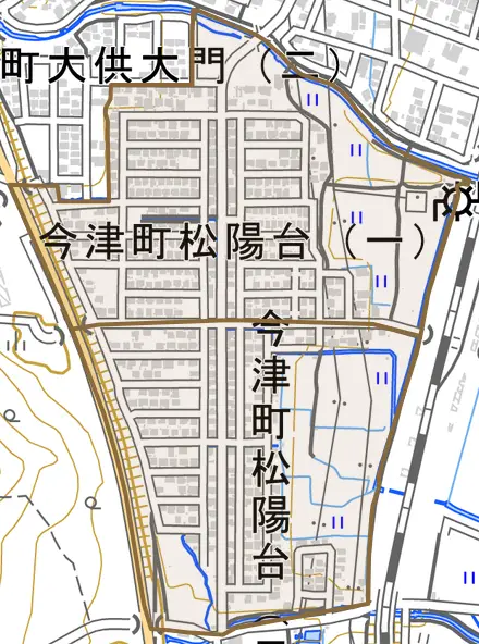 今津町松陽台とその周辺の地図。町の範囲を重ねている