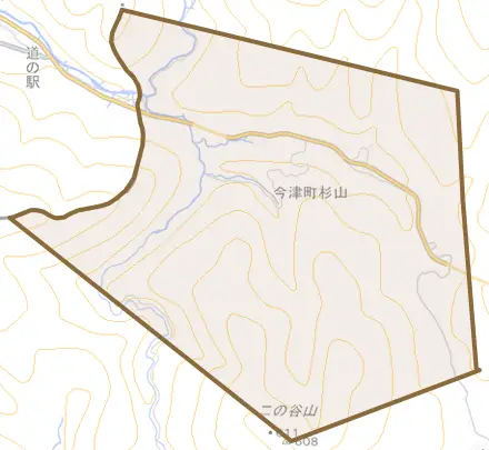 今津町杉山とその周辺の地図。町の範囲を重ねている