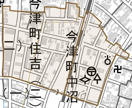 今津町住吉とその周辺の地図。町の範囲を重ねている