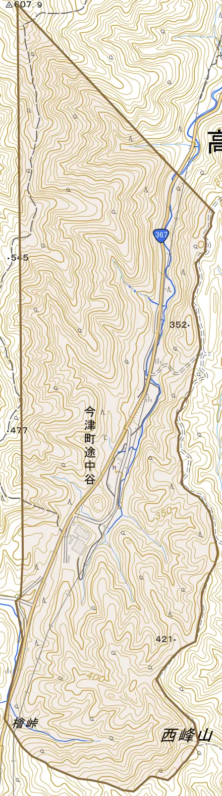 今津町途中谷とその周辺の地図。町の範囲を重ねている