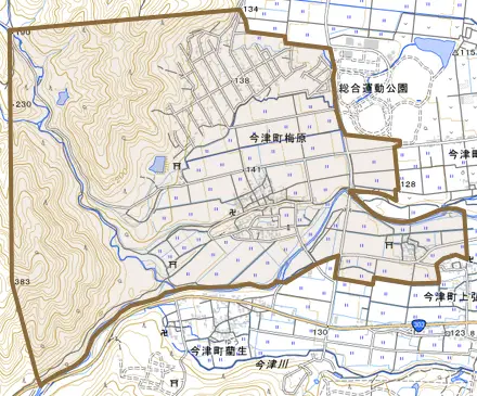 今津町梅原とその周辺の地図。町の範囲を重ねている