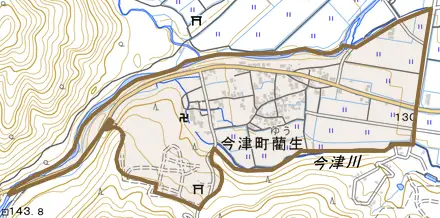今津町藺生とその周辺の地図。町の範囲を重ねている