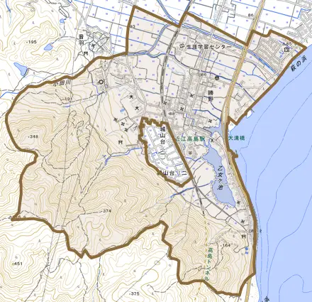 勝野とその周辺の地図。町の範囲を重ねている