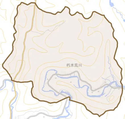 朽木荒川とその周辺の地図。町の範囲を重ねている