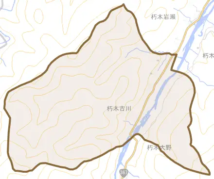 朽木古川とその周辺の地図。町の範囲を重ねている