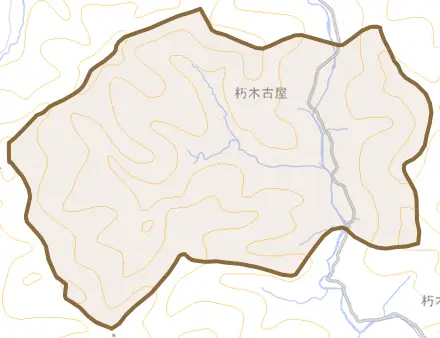 朽木古屋とその周辺の地図。町の範囲を重ねている