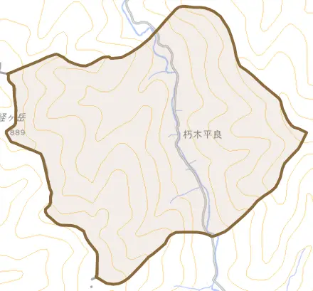 朽木平良とその周辺の地図。町の範囲を重ねている