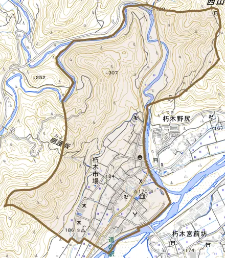 朽木市場とその周辺の地図。町の範囲を重ねている