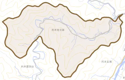 朽木地子原とその周辺の地図。町の範囲を重ねている