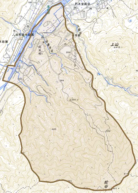 朽木柏とその周辺の地図。町の範囲を重ねている